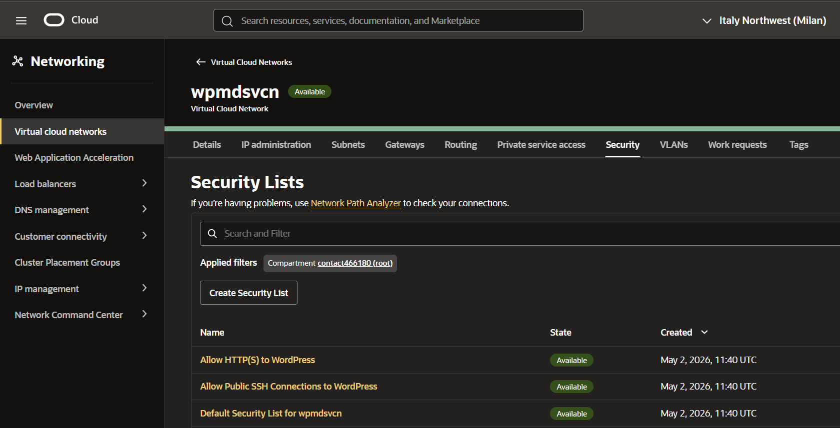 Oracle Security List ingress rules section showing the Add Ingress Rules button
